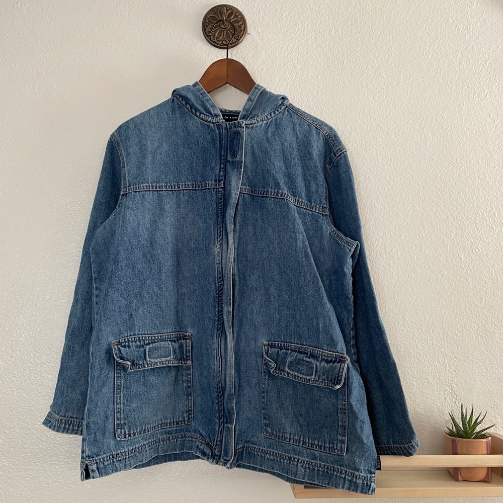 Blassport Womens Hooded Denim Jacket Blue Medium Wash Zip Front Cargo Pocket L